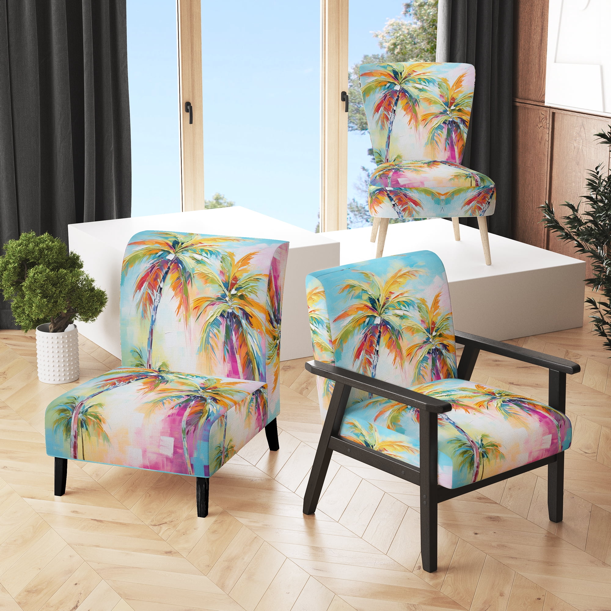 Designart "Pop Art Palm Trees III" Multi-Color Floral Upholstered Accent Chair - Traditional Arm Chair For Living Room