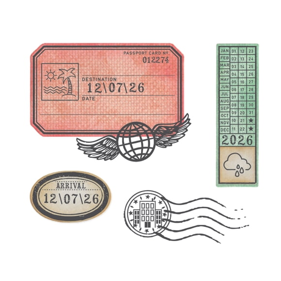 Sizzix Timbres Transparents avec Framelits, Globetrotters par 49 & Market, 62 Timbres en Caoutchouc et 4 Matrices de Découpe en Métal