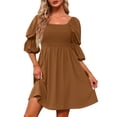 thumbnail image 4 of RKSTN Robes pour Femmes Décontractées Col Carré Manches Bouffantes 3/4 Poitrine Froncée Épaules Dénudées Robe Babydoll Mini, 4 of 9
