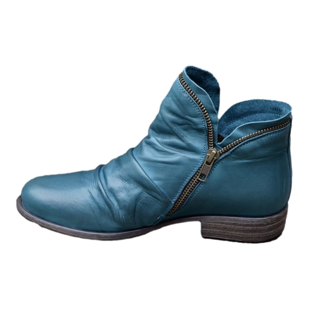 Bottes Courtes en Cuir pour Femmes Rétro Unies à Talon Bas avec Fermeture Éclair, en Cuir PU Sarcelle avec Fermeture Éclair Latérale et Petit Talon en Bois. Idéales pour un style Décontracté et Tendance, Ces Bottes de Mode pour Femmes Offrent une Finition Texturée et une Tige Froncée pour Plus de style. Convenant à Diverses occasions.