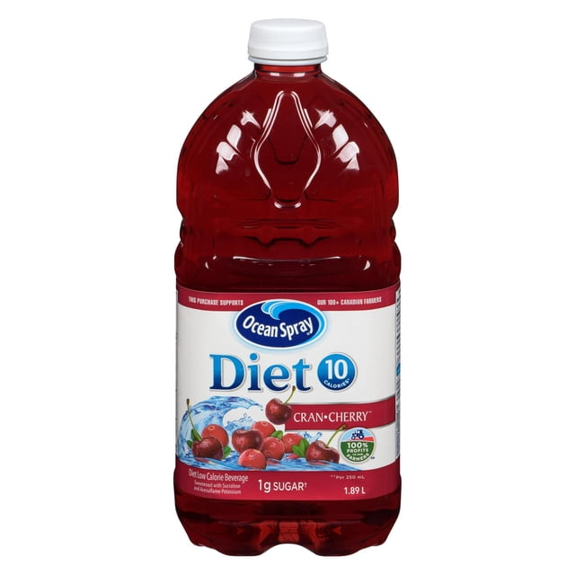 Ocean Spray Diet Cran•Cherry® Low Calorie Beverage in a 1.89 L clear plastic bottle with white cap, containing red cranberry and cherry juice blend with 10 calories and 1g sugar per 250 mL serving, often used as a refreshing low-calorie drink alternative.