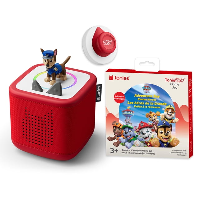 tonies Pat' Patrouille Toniebox 2 Ensemble Complet de Jeu - Rouge Coucher de Soleil (Français) avec un Lecteur audio Toniebox 2 en Forme de Cube Rouge Présentant un Panneau Supérieur Blanc et une Bague DEL Multicolore, une figurine de Poursuite en Uniforme de police Bleu sur le Dessus, une Manette de Jeu Tonieplay Rouge Marquée « Play », et la Boîte de Jeu Tonieplay Héros du Sauvetage de la Baie de l'Aventure Française Affichant des Personnages Pat' Patrouille, Idéal pour les Enfants de 3+ pour Explorer des Histoires et des Jeux Interactifs en Toute Sécurité Sans Écrans
