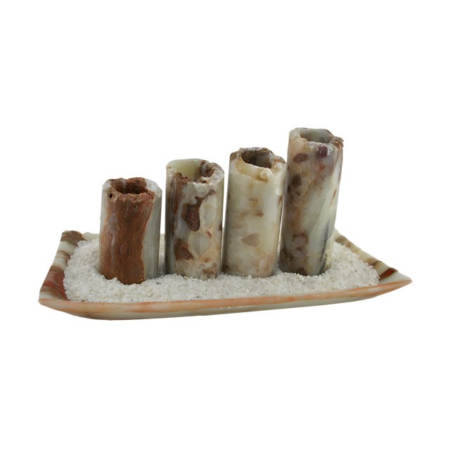 Bougie et Plateau en Marbre Rouge et Blanc Artisanal Fait Main 5 Pcs