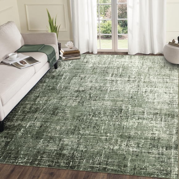 Area Rug – 5x7 Abstract Modern – Washable & Non-Slip – Low Pile Ultra Thin – Stain Resistant – Living Room, Bedroom, Dining Room & Playroom – Grey Green