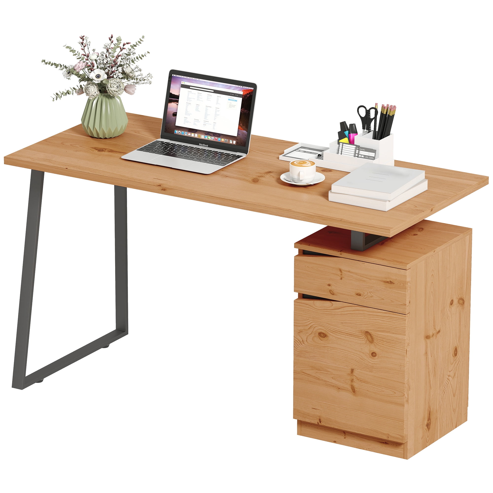 CoSoTower 53 Inch Computer Desk, Writing Table with Cabinet, Drawer, Adjustable Shelf for Home Office Study, Natural Wood