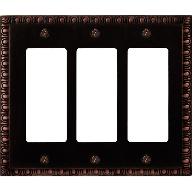 Atron Electro Industries Beading Oil Rubbed Bronze Triple Rocker Wall Plate with decorative beaded border and six mounting screws, designed for three rocker switches, featuring a durable oil rubbed bronze finish ideal for home electrical upgrades and décor.