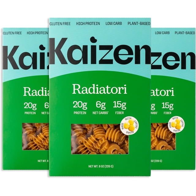 Kaizen Food Low Carb Pasta Radiatori, gluten-free, keto-friendly, and plant-based, displayed in a pack of three 8-ounce boxes. The packaging highlights features such as 20g protein, 6g net carbs, and 15g fiber per serving, made with high-fiber lupin flour.