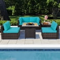 thumbnail image 1 of Patiojoy 6 PCS Patio Wicker Furniture Set With 30" Gas Fire Pit Table 50,000 BTU Turquoise Cushions, 1 of 9