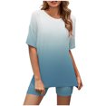 thumbnail image 1 of Mikilon Ensemble Élégant pour Femmes 2 Pcs Mode Col Rond Blouse Manches Courtes Hauts Shorts Ensemble Décontracté Bleu Ciel L, 1 of 3