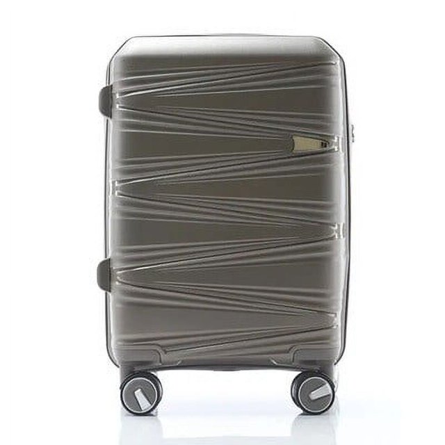 TRAVLR 100% Break Resistant Lightweight 20'' Carry On Luggage in grey, crafted from eco-friendly polypropylene with a textured design. Features TSA-approved lock, anti-blast zipper, expandable storage, and silent double-spinner wheels. Suitable for eco-conscious travelers and business trips.