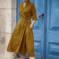 thumbnail image 3 of CEHVOM Robe Décontractée pour Femme en Coton et Lin, Couleur Unie, Manches Mi-Longues, à Lacets, Col à Revers, Solde, 3 of 5