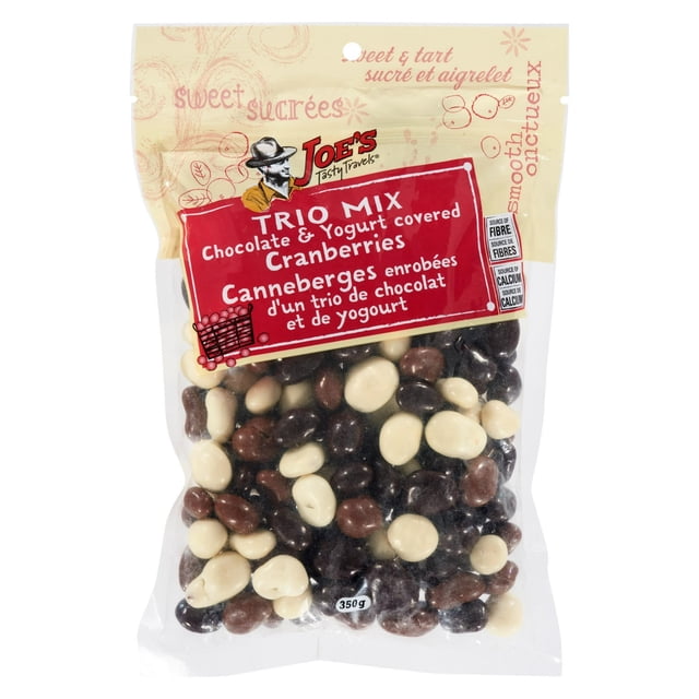 Trio Mix Chocolate & Yogurt Covered Cranberries by Joe's Tasty Travels, 350g pack containing dried cranberries coated in dark chocolate, milk chocolate, and creamy yogurt, providing a balanced tart and sweet snack suitable for sharing or enjoying on the go.