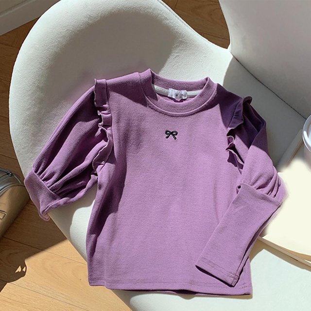 RXIRUCGD 1-10 Ans Mode Enfant Chemise Brodée Nœud Base Manches Longues Col Rond Haut/chemise (Violet, Taille : 5-7 Ans)