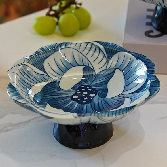 SASHENHG Assiettes Hautes en Céramique Peintes à la Main Bleu et Blanc pour Fruits, Délicates Pâtisseries Thé Plateau à Pied Haut Assiettes pour Noix et Fruits Assiettes pour Dim Sum