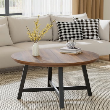 Table Basse Ronde Moderne de 36 Pouces – Dessus à Grain de Bois Industriel, Pieds en Métal Épais, Pieds Ajustables, Assemblage Simple – Table Centrale Élégante pour Appartement Ou Bureau – Brun