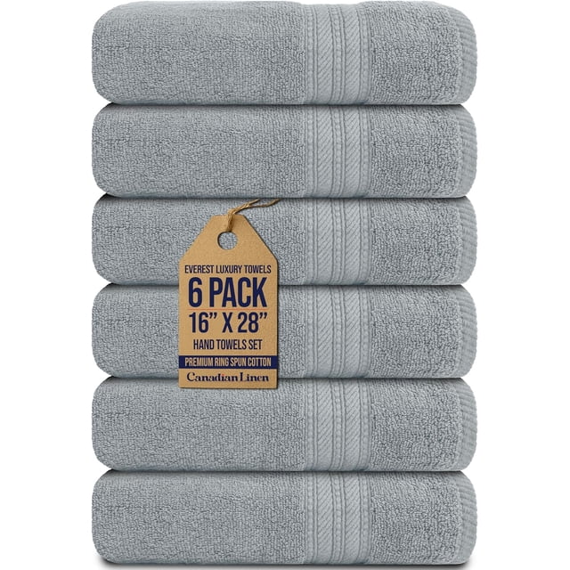 Canadian Linen Luxury Everest Hand Towels, 16”x28”, 6 Pack, in light grey. These soft, absorbent, and lightweight cotton towels feature a smooth terry texture and a decorative twill bead border. Ideal for spa salons, bathrooms, and hospitality use.