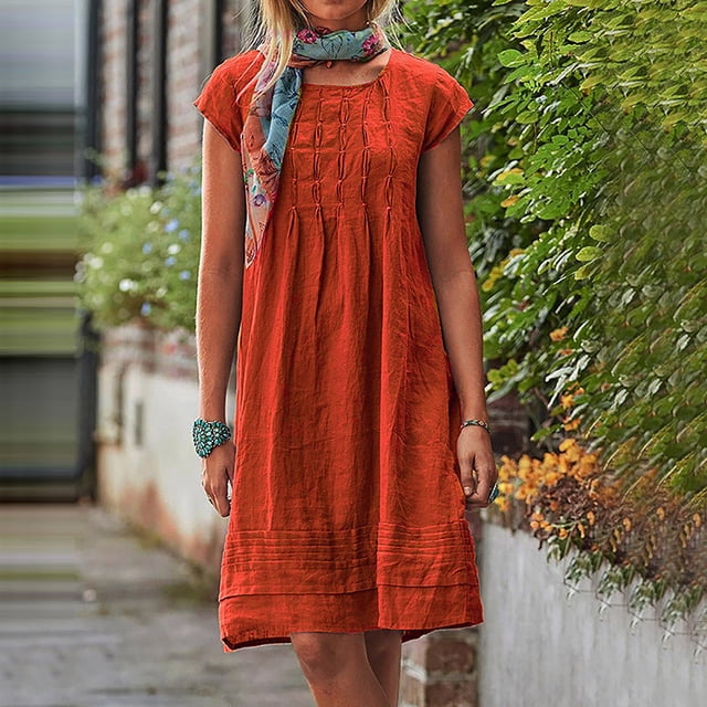 Meichang Robes en Coton et Lin pour Femmes Décontractées Rétro Robes Unies à Manches Courtes Col Ras du Cou Mini Robes d'Été Coupe Ample Robes Plissées Robes de Plage Orange XXXXXL