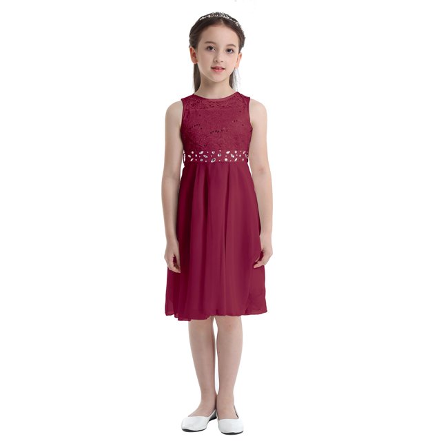 Miaeowve Robe Princesse Sans Manches en Mousseline à Paillettes et Dentelle pour Filles, Demoiselle d'Honneur, Mariage, Fête, Robe de Bal, Rouge 12