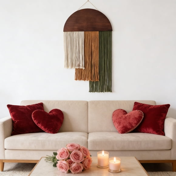 Macramé Tenture Murale en / Décor Bohème 3 Couleurs pour Chambre, Salon, Chambre de Bébé / Tissu Tissé à la Main et Bois / 29,5 x 15,7 Pouces