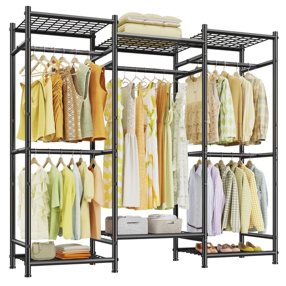 Exenoray Organisateur de Garde-Robe en Métal Robuste de 66,5 Pouces, Armoire Autoportante de 650 Lb avec 5 Tringles, Tablettes Ajustables et Trousse Anti-Basculement, Noir