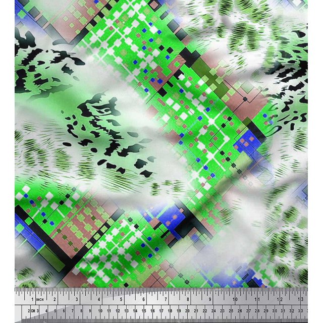 Soimoi Green polyester Crepe Fabric Geometric & Leopard Animal Skin Decor Fabric Printed Yard 42 Inch Wide