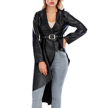 EGNMCR Manteau à Manches Longues pour Femmes, Manteau Décontracté Sans Capuche à Manches Longues & Vestes Mode pour Femmes et Hiver Uni Mi-Long Imitation Smoking Manteau en Cuir Manteau pour Femmes