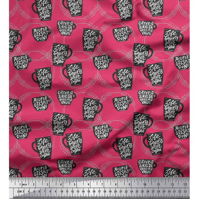 Soimoi Pink Moss Georgette Fabric Life Begins After Coffee Text Fabric Prints By Yard 42 Inch Wide