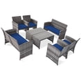 thumbnail image 2 of Costway 8PCS Patio Rattan Furniture Set Conversation Glass Table Top Sofa Cushioned Navy, 2 of 10