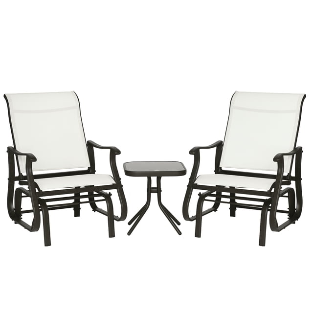 Outsunny 3PCs Glider Rocking Chairs with Table for Patio Garden Cream White. This set includes two glider chairs with breathable cream white mesh fabric, angled backs, and mid-rise armrests, offering smooth rocking motion ideal for nursery or baby-friendly spaces. The square table features a tempered glass top, and the powder-coated steel frame ensures durability for outdoor use.