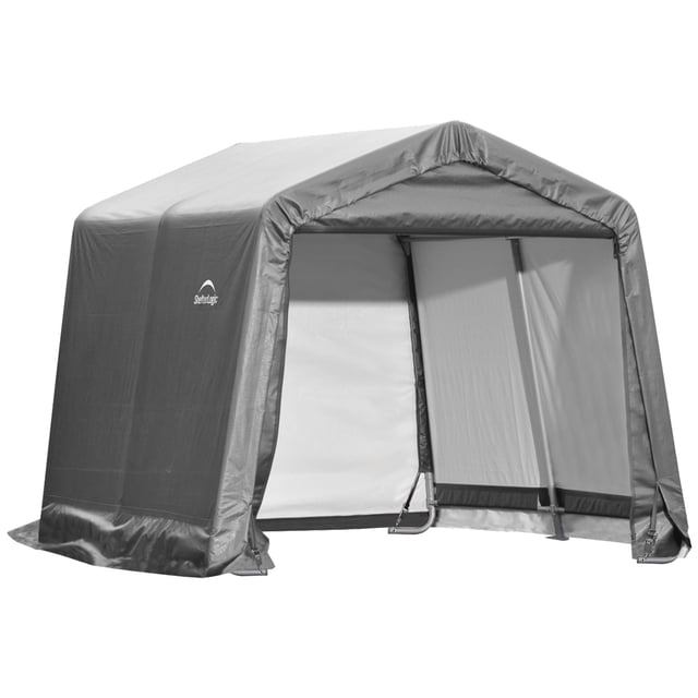 Remise Portative Shed-in-a-Box® 10 X 10 X 8 Pi Peak Grey - Vue Orientée vers l'Avant d'Un Remise de Rangement Portative avec une Housse en Polyéthylène ripstop Grise à Triple Couche sur un Cadre Tout en Acier de 1-3/8 Po (3,1 cm), des Sangles de tension à Cliquet-Titte Visibles, un Panneau de Porte à Fermeture à Glissière et un Intérieur Blanc à Profil Élevé; Empreinte Compacte pour Outils de Jardin, Tondeuses à Gazon et Équipement Saisonnier