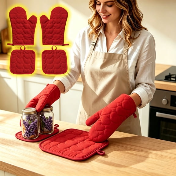 Set of Cotton Oven Mitts and Pot Holders With Heart Patterns Heat Resistant Kitchen Gloves for Baking