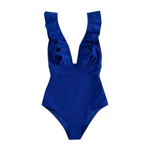 Lovzfmll One Piece Swimsuits for Women Deep V-Neck Solid Strapless Adjustable, Dressy Strapless Push-Up Open Back Ribbed Bathing Suit, Blue L