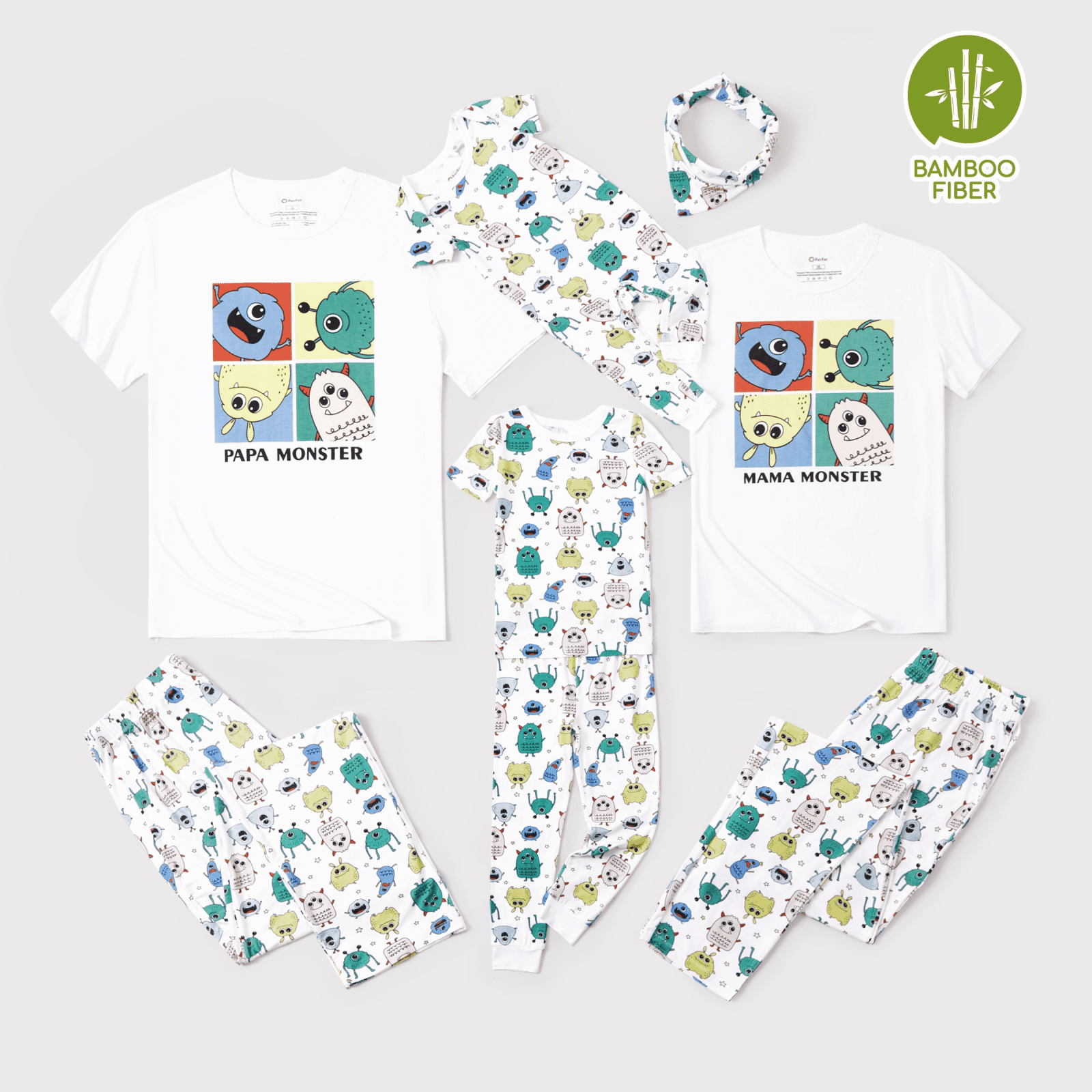 PatPat Pyjama Familial en Bambou, Imprimé de Petit Monstre Mignon, Ensemble de Pyjama Assorti à Manches Courtes ( Ajusté pour Enfants )
