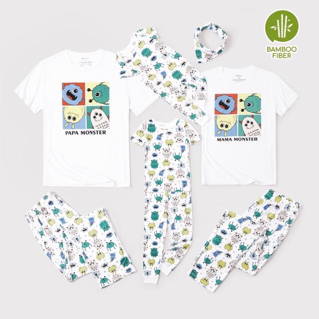 PatPat Pyjama Familial en Bambou, Imprimé de Petit Monstre Mignon, Ensemble de Pyjama Assorti à Manches Courtes ( Ajusté pour Enfants )