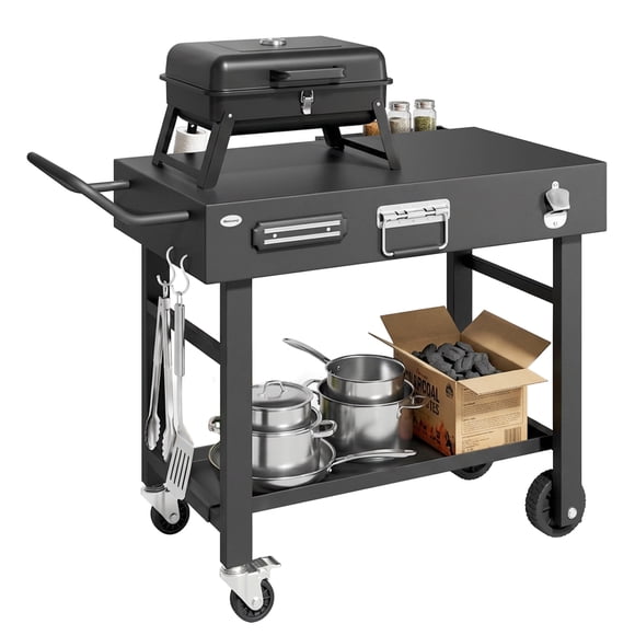 Outsunny Chariot pour Gril, Table de Gril Pliante avec Porte-Couteaux Magnétique, Noir