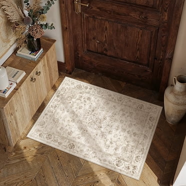 BERTHMEER 2'x3' Small Beige Area Rugs for Bathroom Bedroom Entryway Kitchen Dorm Entrance Vintage Non Slip Washable Oriental Traditional Distressed Rugs