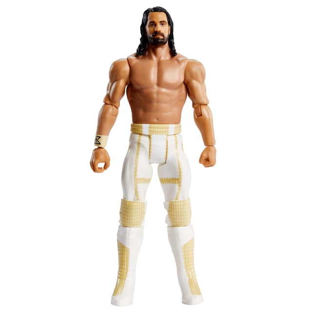 WWE Figurine Articulée Top Picks Seth Rollins, Événement Principal Figurine de Collection Superstar de 6 Pouces Mettant en Vedette une Figurine Masculine Musclée aux Longs Cheveux Noirs, Portant des Collants de Lutte Blancs avec Détails Dorés, des Genouillères Assorties et des Bottes Blanches, Posée Debout sur un Fond Blanc, Convient pour des Poses Dynamiques et une Présentation de Collection.