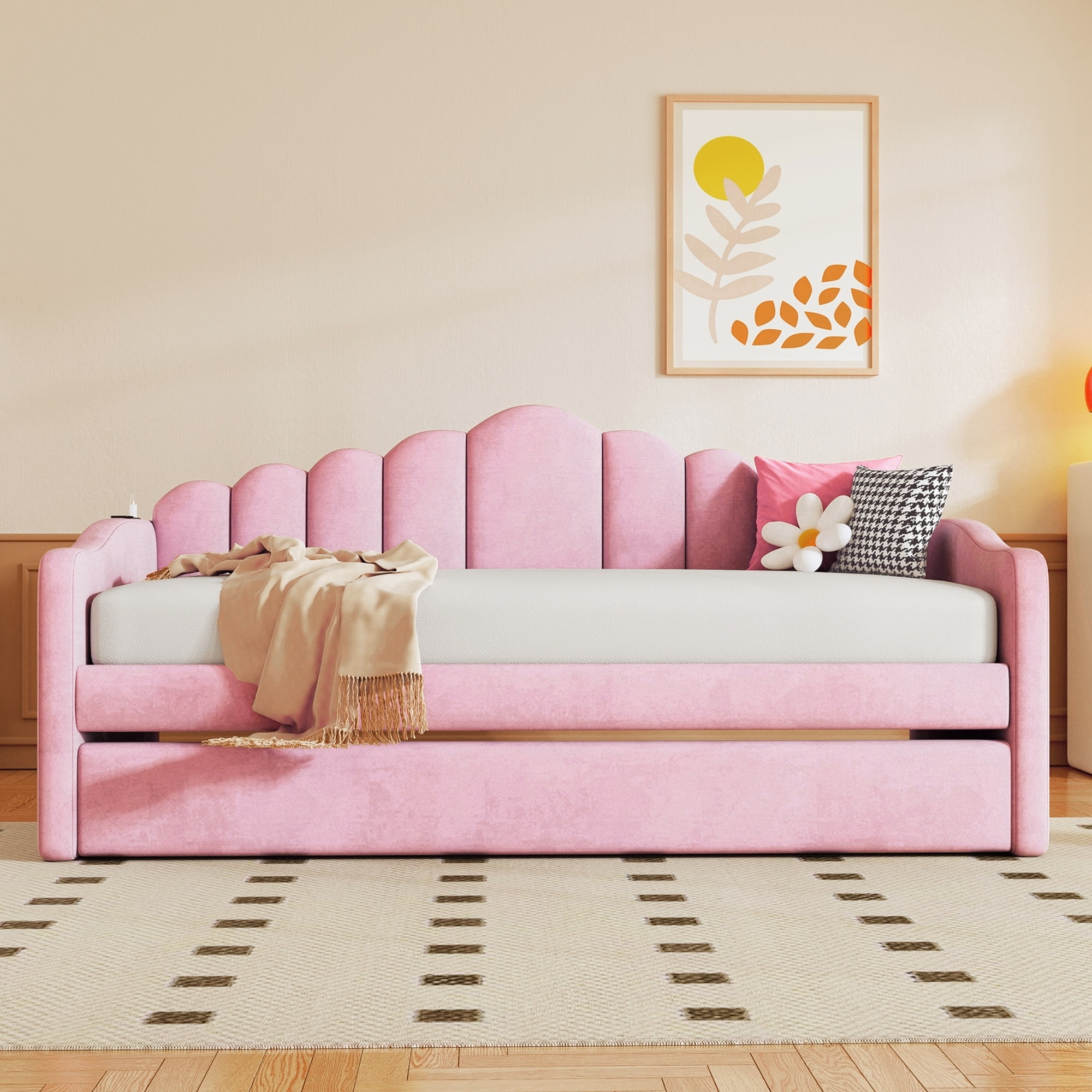 Homy Casa Lit de Jour Simple avec Lit Gigogne, Velours, Port USB, Poches de Rangement, Rose, Facile à Monter