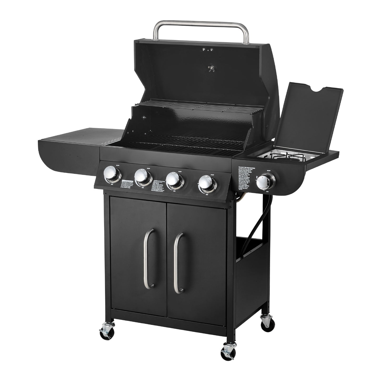 KFFKFF Gas Grill, 4 Burner Propane Gas Grill with Side Burner, 425 SQ.In Grilling Area, Carbon Steel Enamel Grates, Outdoor 52,000 BTU Patio Garden BBQ Grills