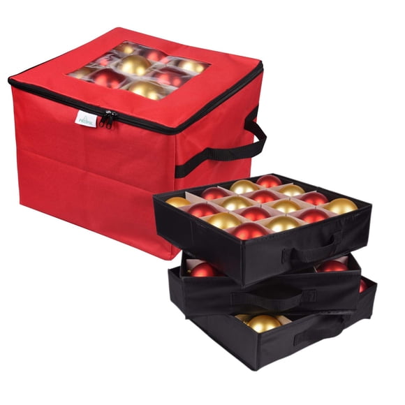 ProPik Christmas Ornament Storage Box, Organizer Holds Up to 48 Xmas Balls with 3 Separate Removable Trays, Container has Dividers to Organize Holiday Tree Ornaments (Red)