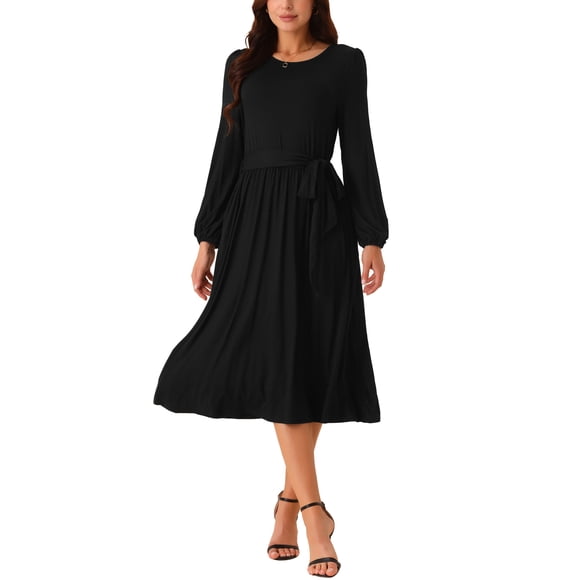 INSPIRE CHIC Women's Crewneck Long Sleeve Tie Waist Midi Casual Dress with Pockets Black M
