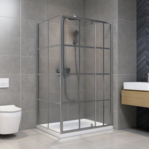 48" x 36" Porte de douche pivotante d’angle en chrome avec base – Design à carreaux encadré avec verre trempé de 8 mm