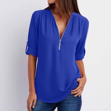 TIMIFIS Mode Automne pour Femmes Chemises d'Été à Manches Longues pour Femmes Tunique Décontractée à Fermeture Éclair Col en V Blouse à Manches Roulables Hauts Blouses pour Femmes