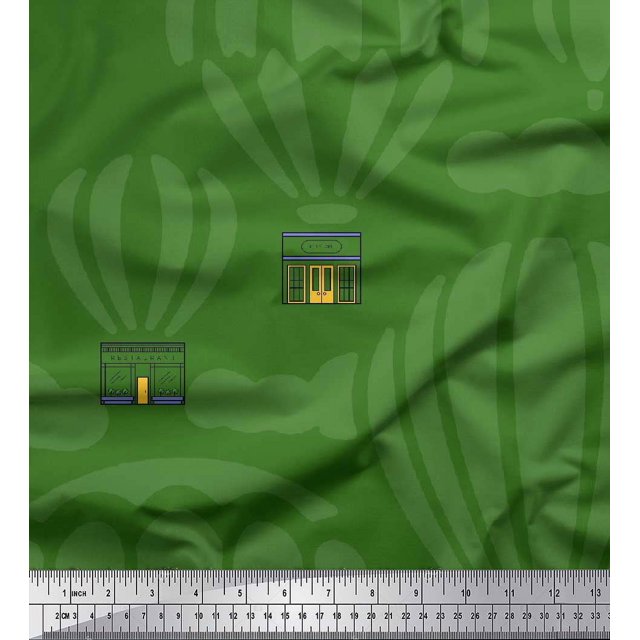 Soimoi Green polyester Crepe Fabric Architectural Structure & Hot Air Balloon Holiday Print Fabric by Yard 42 Inch Wide