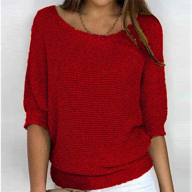 Qertyioot Chandail pour Femme Grande Taille Col Rond Tricot Élégant Manches 3/4 Chemise Confortable