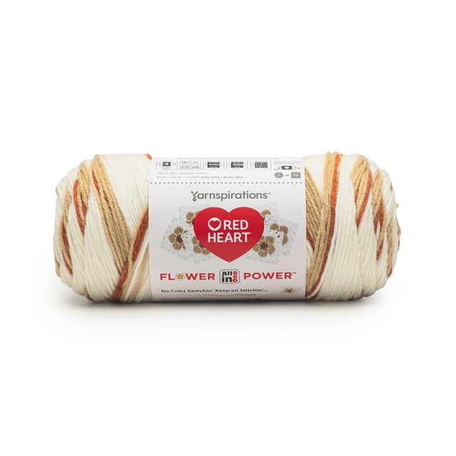 Red Heart Tout-en-un Flower Power #4 Écheveau de Fil Acrylique Moyen Worsted en Crème avec Rayures d'Ingénierie tan et Rouille, 8.8oz 250g 417 yards, Conçu pour le Crochet de motifs Floraux Continus avec Moins d'Extrémités à Tisser, Affiché sur un Fond Blanc.