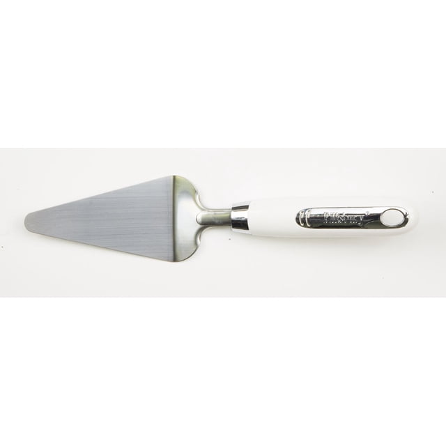 Pillsbury Cutter Tarte avec une Lame Dentelée Triangulaire en Acier Inoxydable et une Poignée Ergonomique Blanche Antidérapante avec un logo Pillsbury Chromé, Conçue pour Trancher Précisément les Tartes, les quiches et les Pâtisseries dans des Ustensiles de Cuisine pour la Pâtisserie.