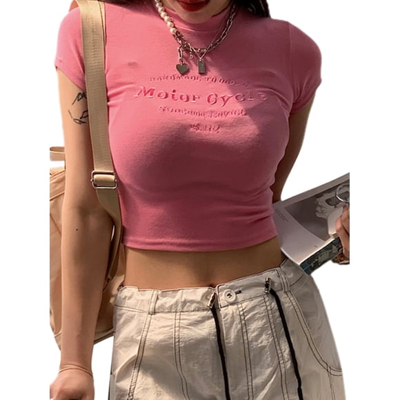 Fortune Women Pink T-Shirts Baby Tees Short Sleeve Crew Neck Crop Top Summer Slim Fit Tops