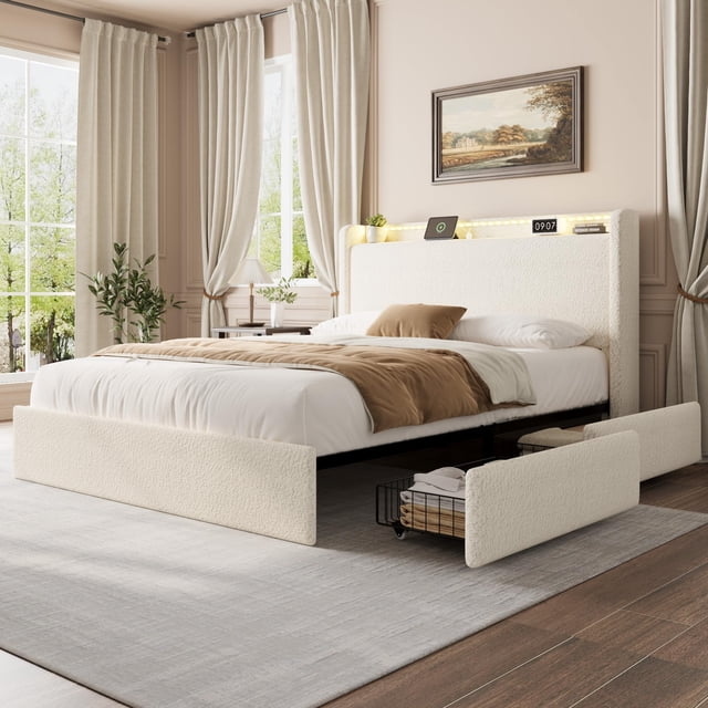 GloryStar Full/Queen Size Boucle Bed Frame, LED Light Headboard, Charging Station, 4 Storage Drawers, and Storage Shelf, Easy Assembly
