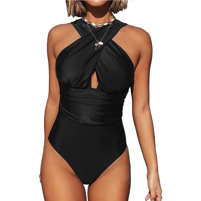 Maillot de Bain une Pièce pour Femme en Noir Uni avec design Froncé Croisé et Détail Goutte d'Eau à la Poitrine. le Maillot de Bain Présente un design Gainant avec un Motif Froncé Flatteur sur le Torse. Il Est Styleé avec une Encolure Licou et Offre une Couverture Complète Tout en Conservant un Style Aguichant et Élégant. Convient pour la Plage Ou la Natation.